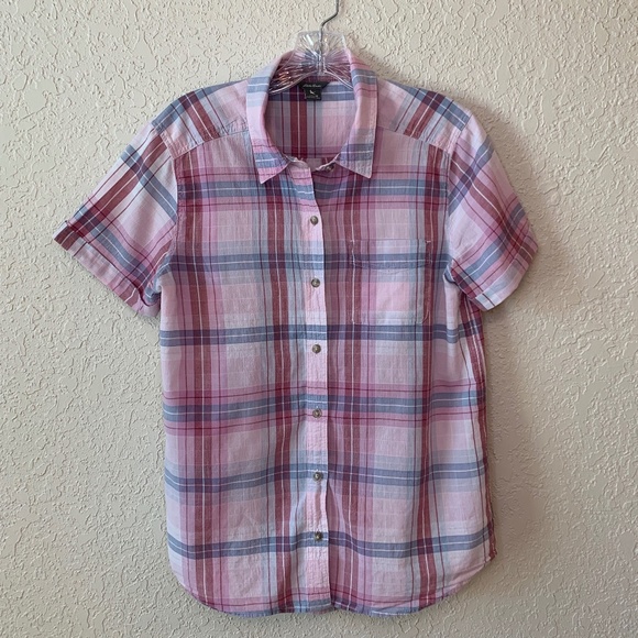 Eddie Bauer Tops - Eddie Bauer Pastel Pink Purple Plaid Short Sleeve Button Down Top Women's Size M